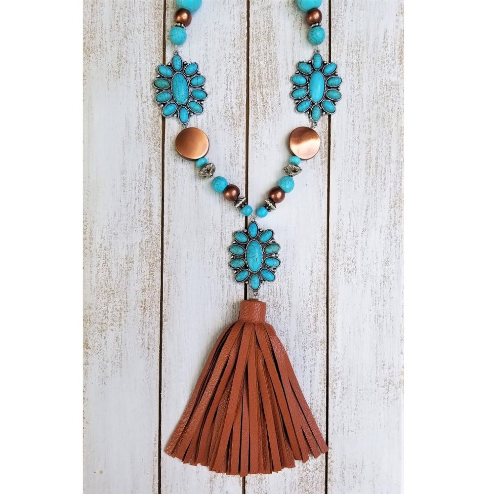 Necklace Earrings Squash Blossom Faux Leather Turquoise Copper Silver Beads - Picture 2 of 9